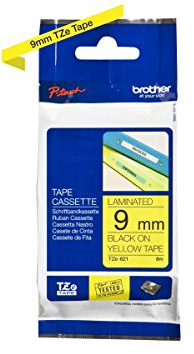 Brother Original P-touch Schriftband TZe-621 9 mm, schwarz auf gelb (kompatibel u.a. mit Brother P-touch PT-H100LB/R, -H105, -E100/VP, -D200/BW/VP, -D210/VP)