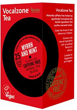 Vocalzone Tea for throat & voice care - Myrrh & Mint. Caffeine free herbal tea. 25 tea bags. Contains Liquorice, Slippery Elm. Used in traditional remedies