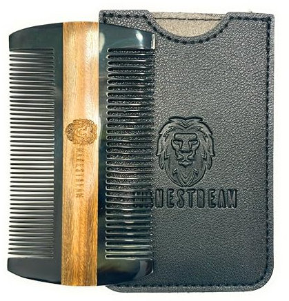 Premium Natural Ox horn and Sandalwood Beard Comb Dual-Action | Double Sided Beard & Mustache Comb with Black Protective Case | Perfect Grooming Companion & Gift for Men – by Man & Mane