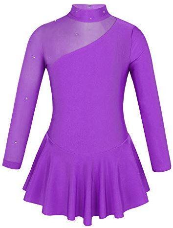 TiaoBug Mädchen Eiskunstlauf Kleid Ballettkleid Ballettanzug Langarm Body Ballett Trikot Turnanzug Eislaufen Bekleidung Wett­be­werb Kostüm gr. 98-164 Violett 140