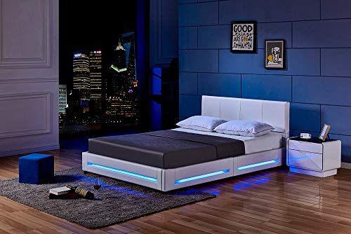 Home Deluxe - LED Bett Asteroid - Weiß, 140 x 200 cm Weiß - inkl. Lattenrost I Polsterbett Design Bett inkl. Beleuchtung