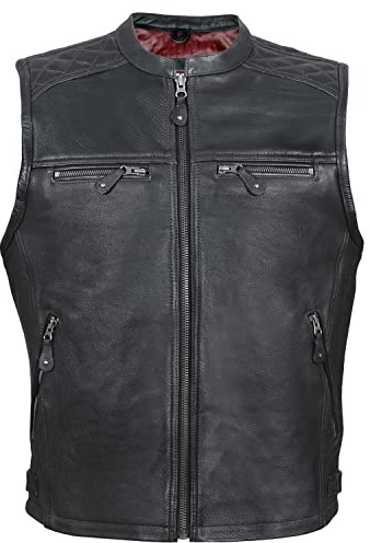 KEROZEN Gilet cuir moto homme motard- Biker vachette naturel pleine fleur - vintage zippé homme - Veste sans manches avec sangles latérales réglage taille