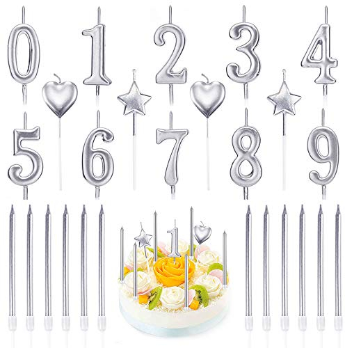 PUDSIRN 26-teiliges Geburtstags-Kerzen-Set, 10-teilige Nummer 0-9 Glitter Cake Topper-Dekoration mit 16-teiligen langen Stern- und Herz-Geburtstagskerzen (Silber)