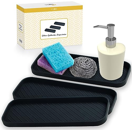 volila Gocciolatoio per Lavello, Set da 3 Portaspugna Cucina Lavello, Scolapiatti Lavello Silicone, Tappetino Drenante in Silicone, Vassoio Organizer in Silicone