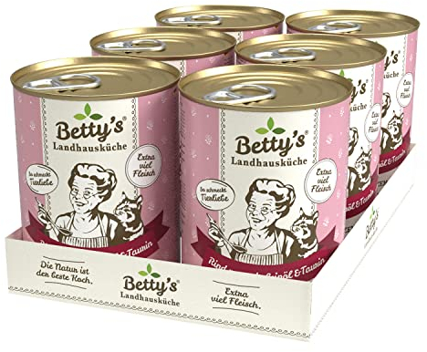 Betty's Landhausküche Dose Nassfutter Katze, getreidefrei, beste Qualität, hochwertiges Fleisch, schonend gegart, für alle Katzenrassen geeignet, Rind pur mit Leinöl 6 x 400 g