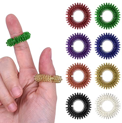 Wisdompro 16 Pcs Spiky Sensory Finger Rings, Metal Acupressure Rings, Silent Anxiety and Stress Relief Fidget Ring Set for Teens, Adults - 8 Colours