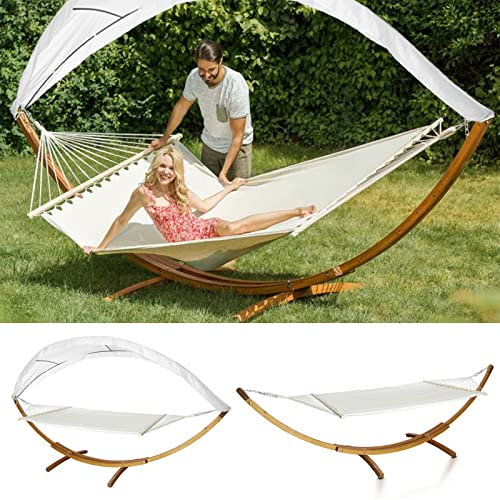 Tubiaz Hängematten mit Gestell Outdoor Holz Hängemattengestell 200×150cm, Hängematte mit Dach Belastbarkeit 200kg für Camping Garten Strand Balkon Hängesessel 2 Personen