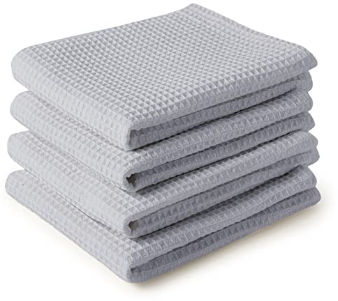 Encasa XO Küchenhandtücher und Waschlappen aus Baumwolle | Hellgrau | Waffel- und Flachgewebe-Geschirrtuch | Geschirrtuch-Set | 70x45 cm | Wiederverwendbar und schnell trocknend 4er-Satz
