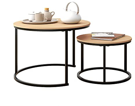 HOJINLINERO Black Round Coffee Table Set of 2 Side Table for Living Room,69.5x49cm Industrial Stacking End Tables,Wood Look Accent Furniture with Metal Frame End Table for Bedroom Decorations,Black