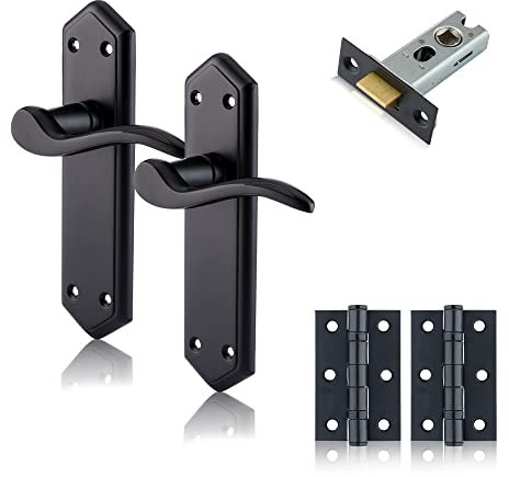 XFORT Black Beauty Range Matt Black London Suite Lever Latch Door Pack, Complete Set with Door Handles, 65mm Tubular Latch and 75mm Ball Bearing Hinges, for Internal Wooden Doors