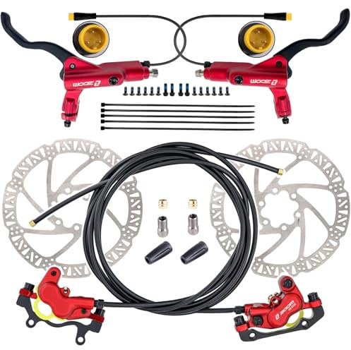 CooMeng Zoom H876E 3-PIN 4-Pistons E-Bike Electric Power-Off Hydraulic Brake Set with 180mm Rotors, Pre-Bled Hydraulic Disc Brake Caliper Lever for eBike (Included Mounting Adapter) - Red