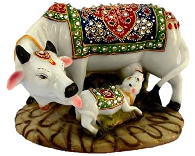 Aashita Creations Dekorative Kuh und Kalb große Statue, Marmor-Polyresin, spirituelle Vastu Nandi Pooja Figur Skulptur, Kamdhenu Designer Stein besetzt Gau MATA Tier Puja Idol Geschenk I