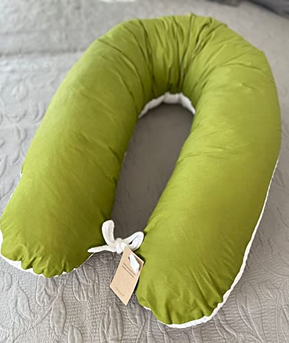 LOOLAY Schwangerschaftskissen - Stillkissen 170 cm - Seitenschläferkissen 100% Baumwolle - mit Abnehmbarem Bezug - Ergonomisches Schwanger Kissen für Schlafen (Waffel Weiß/Grün Olive)