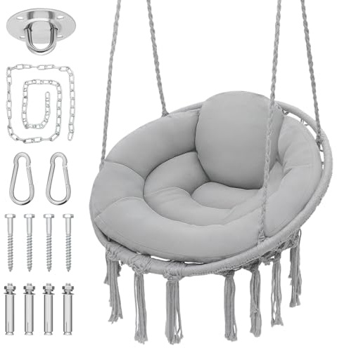 Monibloom Hängender Hängesessel mit vollem Kissen, Erwachsene Indoor Hängematte Schaukel mit Max 350LB Kapazität, Outdoor Makramee Hängesessel mit Boho Quasten, Home Accent Möbel Stuhl Schaukel, Grau