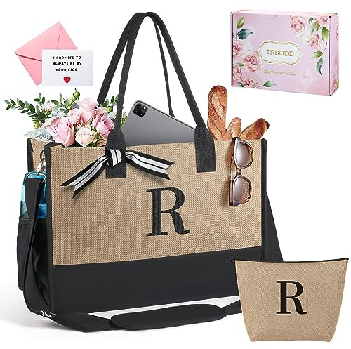 The Tote Bag for Women, Ini-tial Embroidery Large Beach Bag w Makeup Bag, Personalized Birthday Friends Mrs Wedding Grandma Gifts, Work Bags w Inner Pocket Side Pocket Shoulder Strap Card Gift Box R