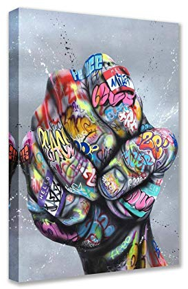 Nordisches Dekor, abstraktes Graffiti-Bild mit geballter Faust, Banksy-Straßenkunst, Kunstwerk für Männerhöhle, 1 Paneel, Leinwand, Wandkunst, HD-Drucke, moderne Dekoration, gerahmt, Giclée, fertig
