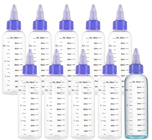 BENECREAT 10 Pack 100 ml/3.4 oz Flacons à Presser en Plastique avec Échelle PET Transparent Bleu Bouteilles à Bouchon Torsadé Bouteilles de Distribution Graduées à Presser pour Encre Liquide