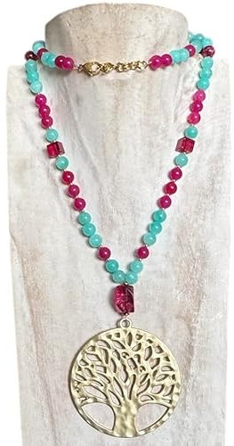 Anhur Collar Árbol de la Vida Dorado Mate con Ágatas Piedras Naturales y Cristales Colgante Gargantilla Mujer Largo Fucsia Y Verde Agua Exclusivo Entrepiezas en Acero Inoxidable color Oro