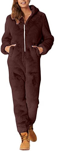 Pigiama da donna, tuta intera in pile, pigiama intero da ragazza, invernale, caldo, lungo, con cappuccio, elegante, pigiama natalizio, taglie grandi, marrone, M