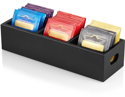DRASTAR Tea Bag Organizer, Black Wooden Tea Bag Holder, Tea Storage Containers with 3 Slots, Sugar Packet Holder, Tea Bag Caddy Box for Countertop