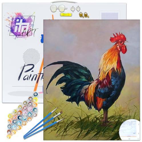 ITA Art Malen nach Zahlen Komplett Set mit Keilrahmen, Acrylfarben, Pinseln, Zubehör, Geschenkbox - DIY Gemälde Bastelset Kit mit Leinwand für Erwachsene, 30x40 cm, Hahn