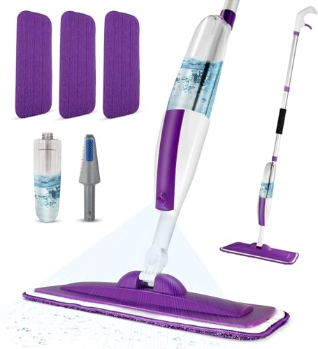 Trapeador en Aerosol para Limpieza de Suelos con una Botella de Spray Recargable y 3 Almohadillas de Microfibra Lavables, Uso doméstico o Comercial, mopa Plana Seca y húmeda para Madera laminada de