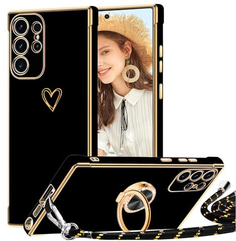 TVVTPU Handyband für Samsung Galaxy S23 Ultra Hülle mit Band, Herz Muster Handyhülle mit Ring Ständer Stoßfeste Kratzfest Bumper Outdoor Schutzhülle Case mit Kordel zum Umhängen (Abnehmbar), Schwarz