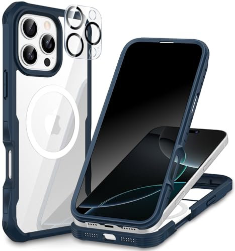 CENHUFO Magnética Antiespia Funda iPhone 16 Pro MAX, Compatible con MagSafe Integrado Privacidad Cristal Templado Pantalla y Protector cámara, 360 Grado Antigolpe Carcasa Capa Doble Cara Case -Azul