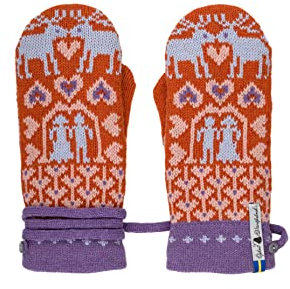 ÖJBRO VANTFABRIK Estelle & Esbjörn Fäustlinge 4 Lagen orange/hellblau/lila Gr. L 100% Merinowolle Handschuhe Strick warm weich - Hergestellt in Schweden