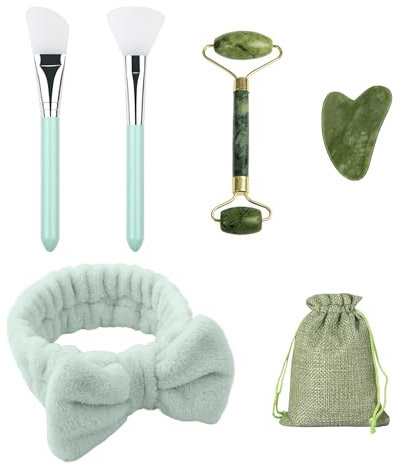 Gua Sha Stein 6-teiliges Set, Jade-Gesichtsmassage, Hautpflege, Gesichtsroller, Schönheits- und Hautpflege-Werkzeug, Massagegerät, leicht zu tragen (grün)