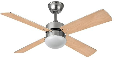 Eden pulse Deckenventilator Nickel mit wendbaren Flügeln Buche/Silber, 2 x E27 Leuchtmittel, Fernbedienung inklusive, 40 x 107 x 107 cm