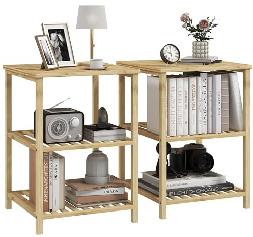 HOMCOM Lot de 2 Table de Chevet en Bambou Tables d'appoint avec 2 étagères, pour Chambre, Salon, Style Naturel, dim. 40L x 40l x 55H cm