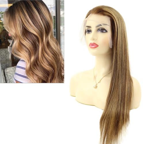 Larafona Human Hair Wig Perücke Echthaar Balayage Braun Blond Glueless Lace Front Wig Preplucked Hairline with Baby Hair P4/27# 18inch/45cm