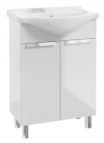 Deftrans Lavabo avec meuble bas - 60 x 85 x 43,5 cm - Meuble de salle de bain avec meuble bas - WC invités - 60 cm - Blanc