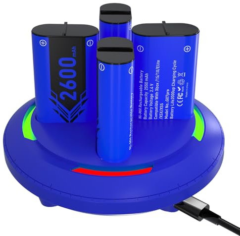 Rechargeable Battery Pack for X box Series X|S, 4pcs 2600mAh Xbox Series X Controller Battery Pack, High capacity rechargeable batteries with charging dock for Xbox One S/X, Xbox series S/X,Blue