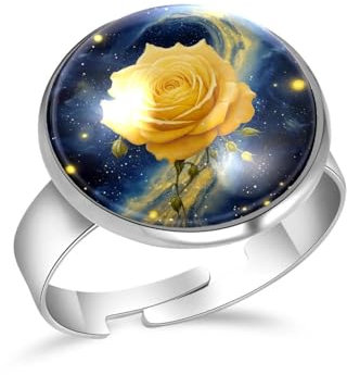PAFEFO Mädchen-Ring mit gelber Rose, Weltraum, Galaxie, verstellbare Größe, personalisierbar, für Damen und Herren, Erinnerungsfotoringe für Damen, 16 mm, Edelstahl Aus Edelstahl Kristallglas, Kein