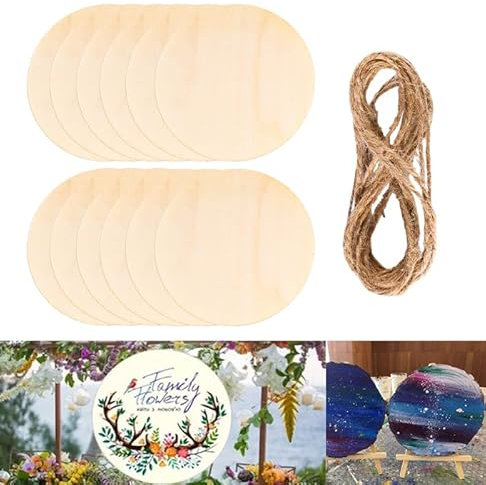 12 Stück Natürliche Runde Holzscheiben 15cm Durchmesser, Holzplatte Rund,Unvollendete Holzplatte Rund mit 2m Hanfseil, Holzscheiben zum Basteln für Weihnachten, Malerei, Türschilder