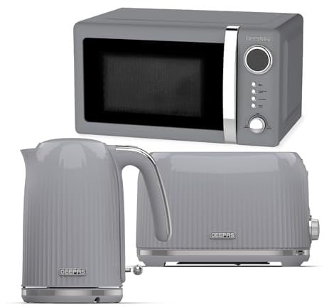 Geepas Electric Kettle 2 Slice Bread Toaster & Microwave Kitchen Set | 3000W 1.7L Textured Cordless Kettle | 2 Slice Toaster with 7 Level Browning Control | 700W Digital Microwave 20L, Grey