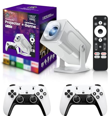 HCS350 Pro Projector and game,Retro 4K Smart Game Projector 1280*1080P Built-in 30000 Games,Portable video game with 2 Wireless Controllers,5G WiFi Bluetooth,HDMI,Android 12,home theater,office（White）