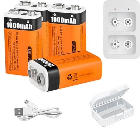 Rechargeable 9V Lithium Batteries 1000mAh (9000mWh) Rechargeable PP3 Battery with Charger and USB Cable for Smoke Detector, Multimeter, Remote Controller, Electric Guitar (4 Pcs)