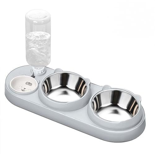 Marchul 3 in 1 Cat Bowl, Cat Food and Water Bowl Set with Water Dispenser and Stainless Steel Bowls, 15° Tilted Pet Raised Three Bowls for Indoor Cats, Small or Medium Sized Dogs