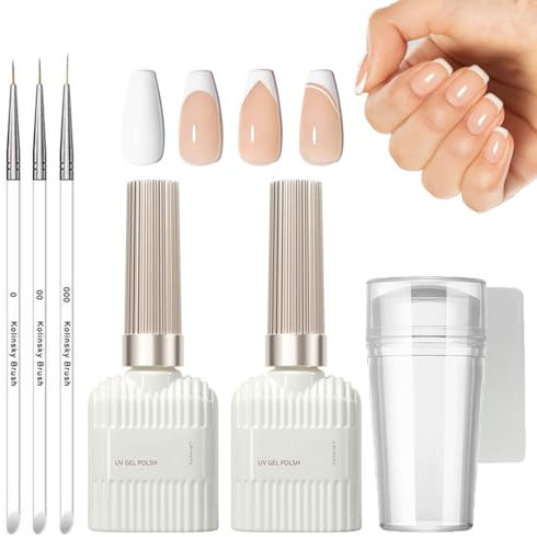 French Manicure Kit - Jelly Nude and White Gel Nail Polish Set - French Manicure Nail Polish with Nail Stamper and 3Pcs Nail Art Pen - Long Lasting Gel Polish for French Tips at Home DIY Nail