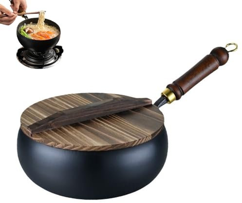 Uncoated Iron Pan, Chinese Style Non-Stick Wok with Wooden Lid Lid, Durable Cast Iron Round Bottom Stir Fry Pan for Induction Cooker Gas Stir Fry Pans (28cm/11.02inch)