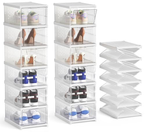 BTGGG Shoe Storage Box, Set of 12 Collapsible Shoe Boxes Clear Stackable Storage Boxes Fits UK Size 9, Foldable Containers Sneaker Organiser with Door for Women/Men, 25.5 * 34.5 * 105cm