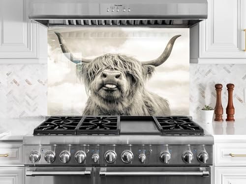 Myphotostation 30Wx27.5H'' Majestic Highland Cow Glass Kitchen BacksplashTempered Glass Backsplash, Glass Splashback For Kitchen, Stove Wall Protector, Cooker Wall Panel, Stove Back Cover