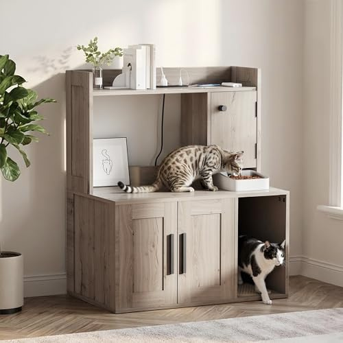 DAWNYIELD Cat Litter Box Enclosure Cabinet, Wooden Hidden Litter Box Furniture with Charging Station and Side Entry, Indoor Pet House with Power Socket, Enclosed Cat Llitter Cupboard, Grey