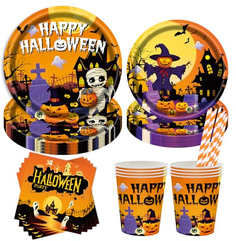 50 Stück Halloween Partygeschirr set,Herbst-Einweggeschirr mit Pappteller Becher Servietten und Straws für Geburtstag Party Herbst Halloween Dinner Party Dekorationen