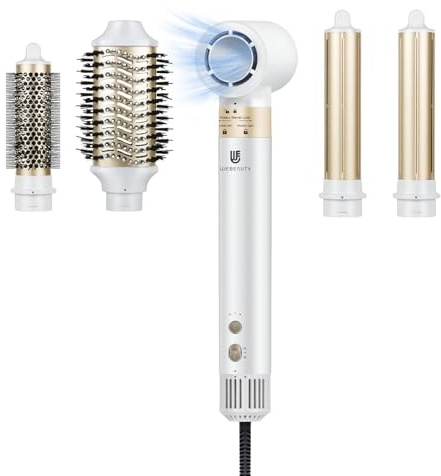 webeauty 6in1 Airstyler, 110,000U/Min,25M/S Hochgeschwindigkeit Föhn mit Föhnbürste, Rundbürstenföhn, Air Auto Lockenstäbe, Koffer, 500 Millionen Negative Ionen Hairstyler für Haarstylen, Weiß