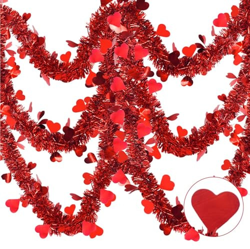 Herz Girlande Valentinstag Deko, Rot Herz Lametta Girlande, Rot Twist Valentinstagskranz Glänzende, für Valentinstag Party Jubiläum Hochzeit Geburtstag Deko - 15m Herz Lametta Garland Decor