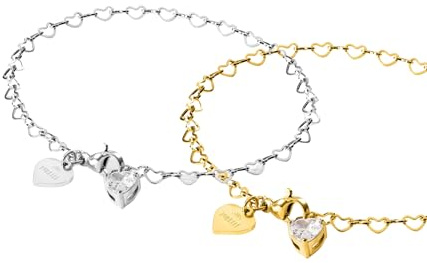 Purelei Endless Love Armband-Set – 2-teiliges Armbandset mit herzförmigen Gliedern und Zirkonia-Anhängern – Edelstahl, verstellbar 19 cm – Gold/Silber/Roségold